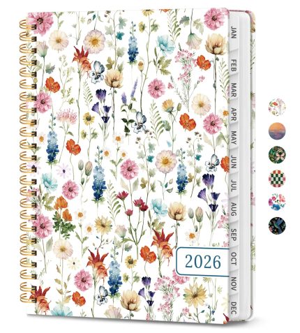 Weekly and Monthly Calendar Planner for Women, Jan 2026 - Dec 2026, Hardcover Planning Agenda book with Tabs, Spiral Bound, Inner Pocket, Perfect for School Office Supplies, 6.3" x 8.5" - Wildflowers