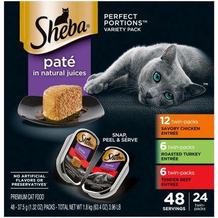 Perfect Portions Wet Cat Food Pate Savory Chicken Entree, Roasted Turkey Entree, and Tender Beef Entree Variety Pack, 2.6 oz. Twin Pack Trays (24 Count, 48 Servings)