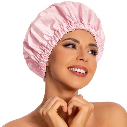 Shower Cap for Women, Large Waterproof Shower Bonnet Washable Elastic Band Bath Hair Hat for Long Hair, Braids(Pink)